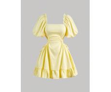 SHEIN MOD Women's Summer Solid Color Square Neck Crop Puff Sleeve Crop Dress With Waist Pleats And Tie SKU: sz2311137376310607