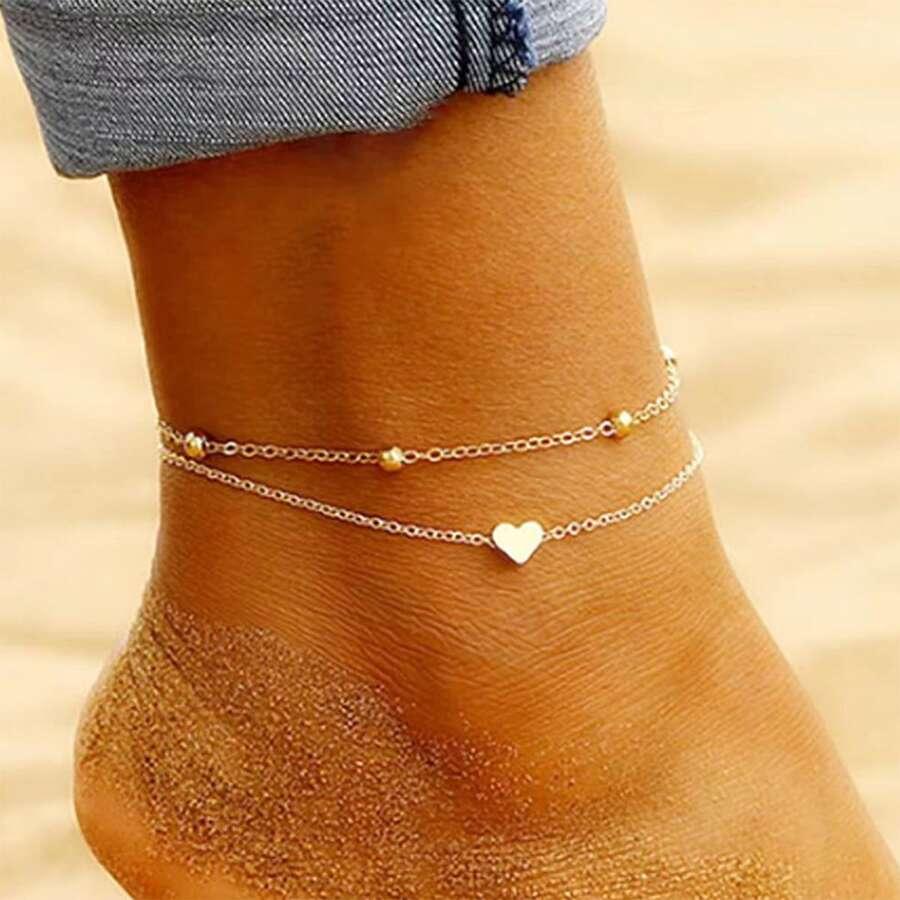 1 piece of European and American, fashionable, minimalist love shaped double layered ankle chain for women's beach outings, daily commuting, work gatherings, birthday gifts SKU: sj2307245507579799