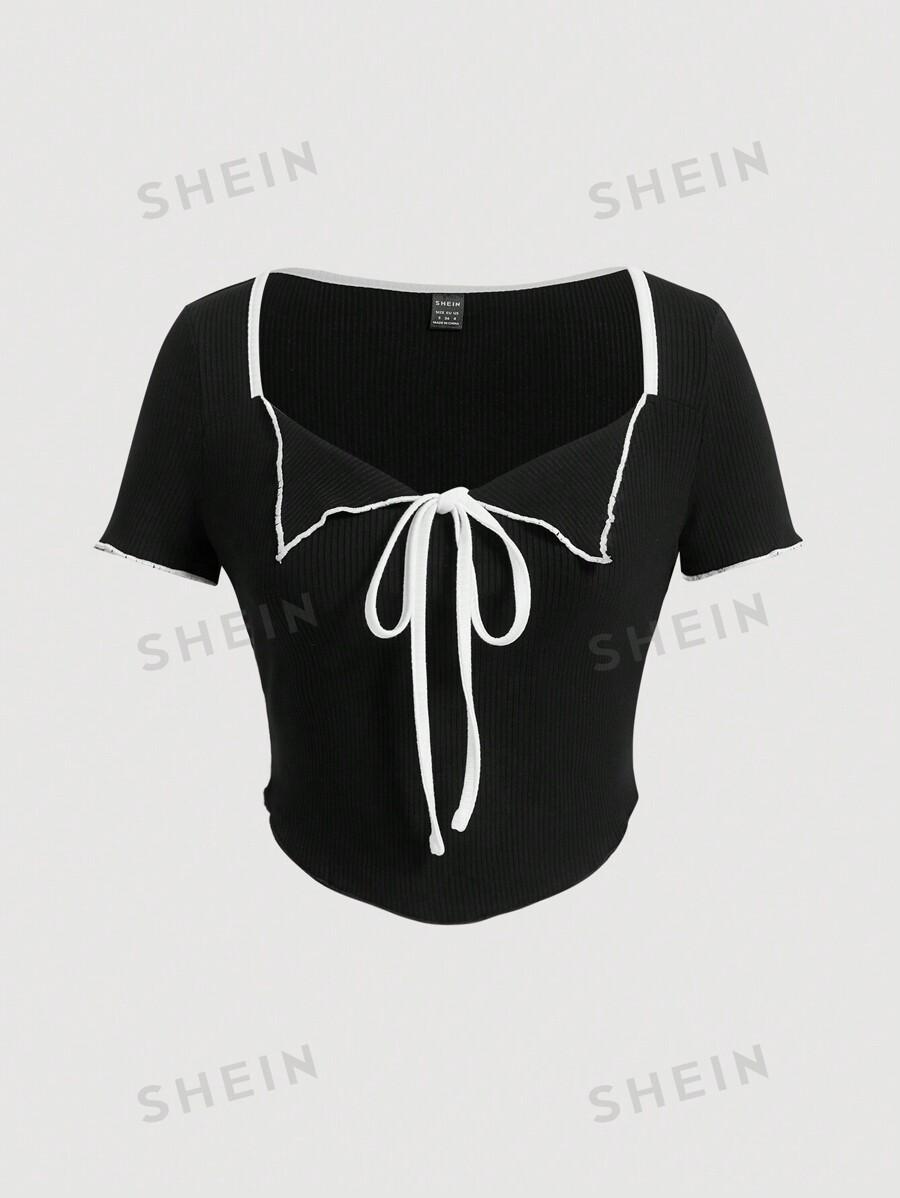 Женская укороченная футболка в полоску с цветными блоками от SHEIN MOD АРТИКУЛ: sz2311225555825148
