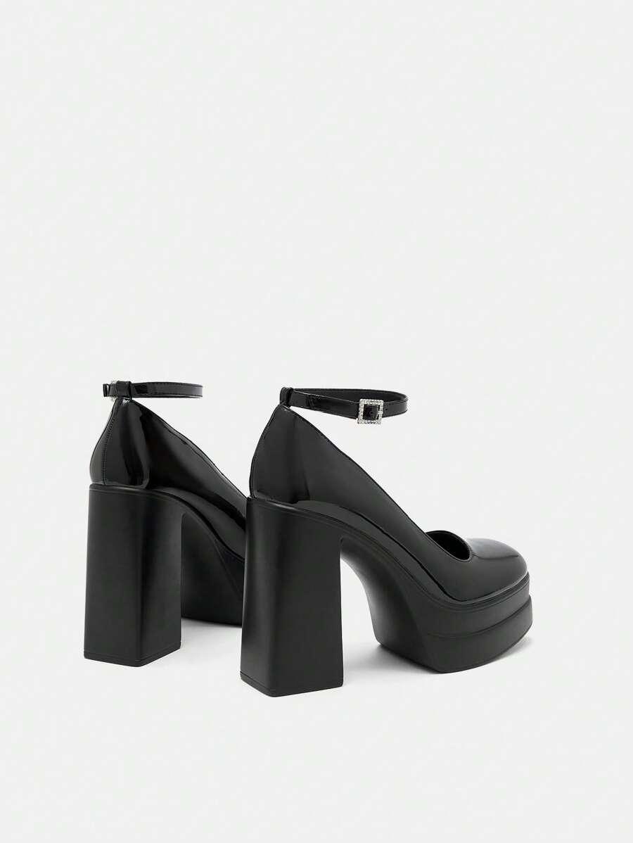 Элегантные женские туфли-лодочки SHEIN MOD черного цвета с ремешком на щиколотке, украшенные пряжкой со стразами, на платформе и массивном каблуке из искусственной лакированной кожи АРТИКУЛ: sx2305099306496563