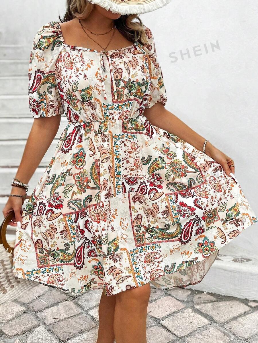 Летнее праздничное богемное платье с кисточками и принтом на талии от SHEIN VCAY больших размеров АРТИКУЛ: sz2401109112060756